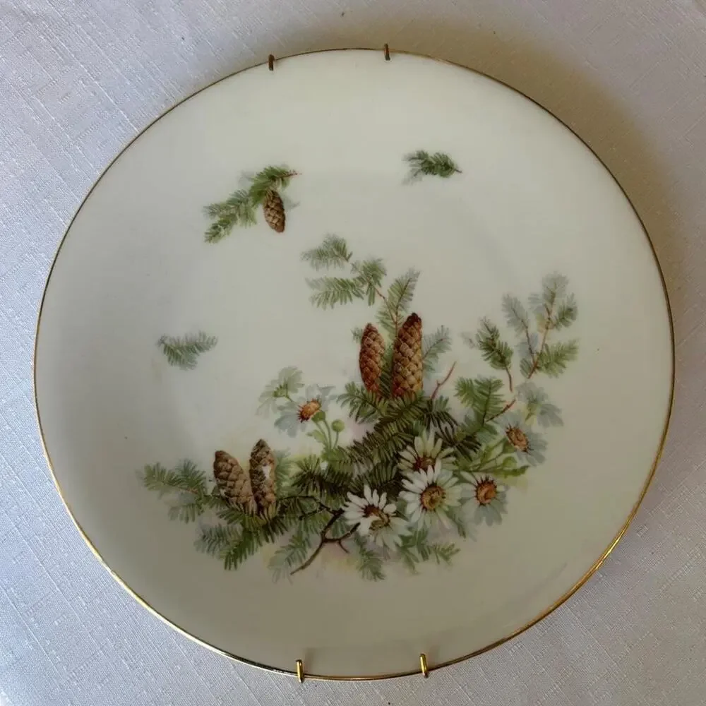 Vintage decorative gold rimmed plate w pine boughs, pinecones, & daisies winter